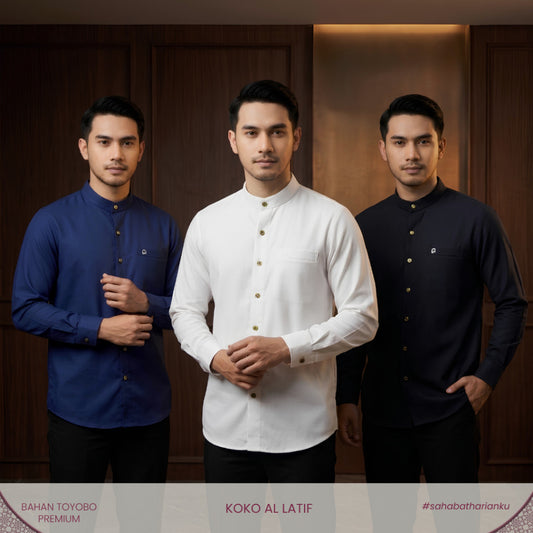 Irnanda Koko Al Latif Pria Lengan Panjang Warna Hitam Bahan Toyobo Premium Kerah Koko