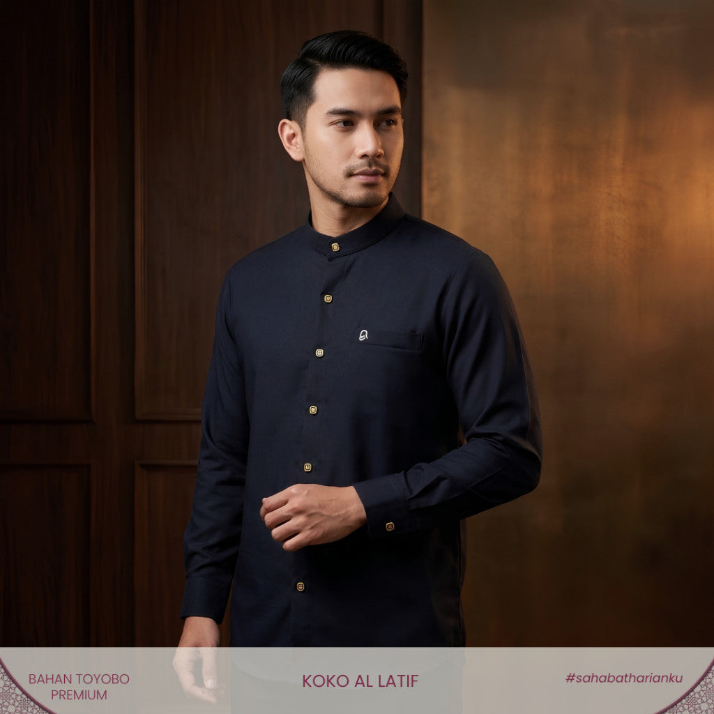 Irnanda Koko Al Latif Pria Lengan Panjang Warna Hitam Bahan Toyobo Premium Kerah Koko